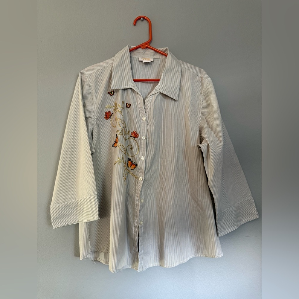 Vintage Tia Designs Ladies Button Up Shirt/Blouse, Striped. Size XL butterflies